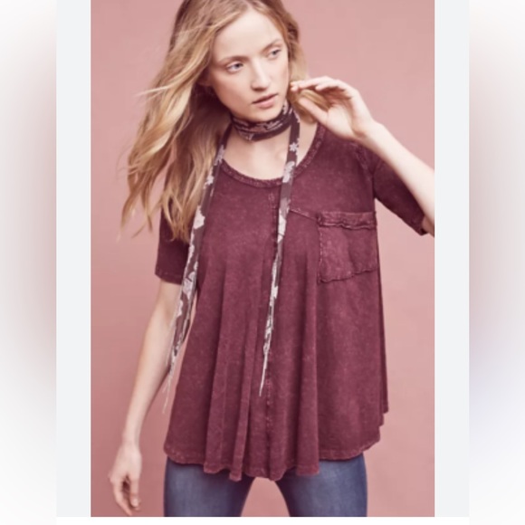 Anthropologie Eri + Ali Swing Acid Wash Scoop Neck S/S T-Shirt Wine Burgundy S - Picture 1 of 11
